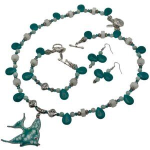 Handmade Jewelry Set - Artist Enamel Fish, Apatite, Green Agate, & White Jade